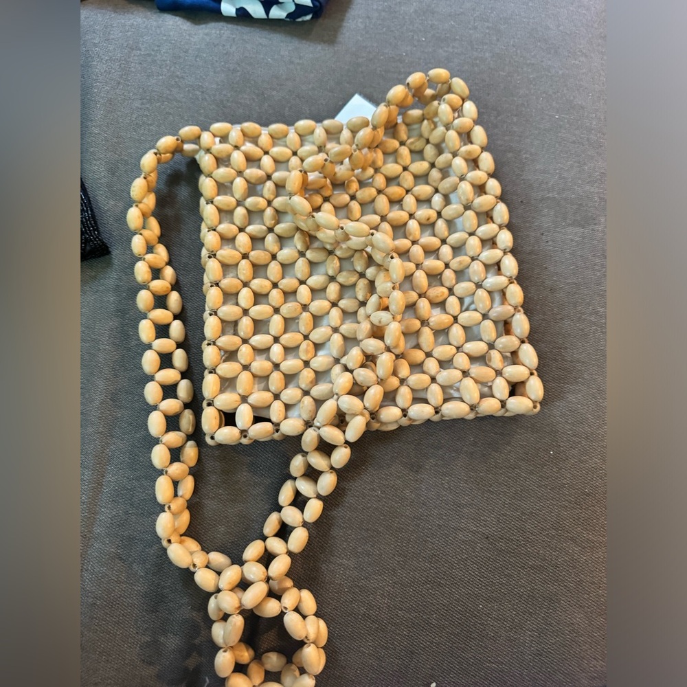 Wooden Beaded Handbag Purse Lined Zipper Top Crossbody Festival
